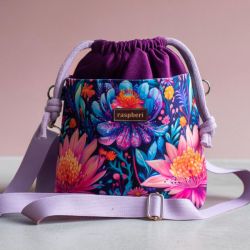 Fioletowa listonoszka z kominem z tłoczonego weluru i weluru w kwiaty – handmade