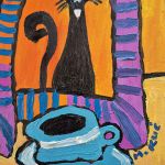 obraz olejny czarny kot zna odpowiedzi - 