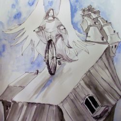 Akwarela "Przejażdżka po dachach" - anioł