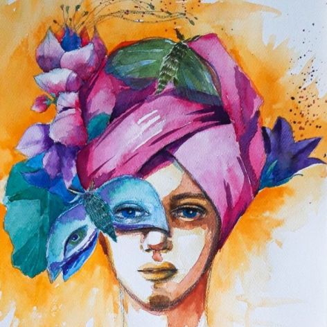 "Różowy turban" akwarela, portret kobiety