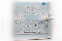 Kartka na Chrzest z wózkiem dla chłopca