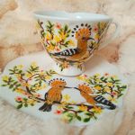 Ręcznie malowany komplet. Zakochane dudki filiżanka z talerzykiem - ręcznie malowane