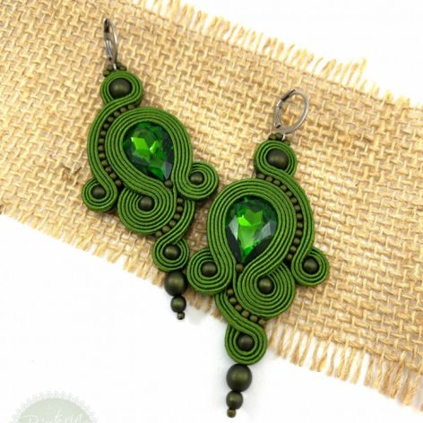 Kolczyki sutasz/soutache, długie, oliwkowe  