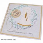 Pamiątka I Komunii Świętej - Dziewczynka - Kartka z figurką i IHS