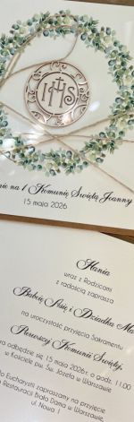 Zaproszenia komunijne z personalizacją z wiankiem