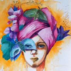 "Różowy turban" akwarela, portret kobiety