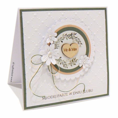 Kartka ślubna - wianek białe kwiaty kratka