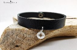 Skórzana bransoletka damska czarna z różą wiatrów