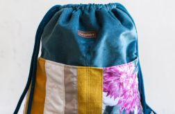 Plecak worek patchwork petrol – unikatowy plecak z weluru z kieszeniami