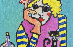 obraz olejny urlop na stole kocie wczasy