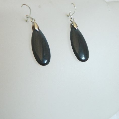 Kwarc kocie oko, czarne duże łezki, wiszące kolczyki, srebro