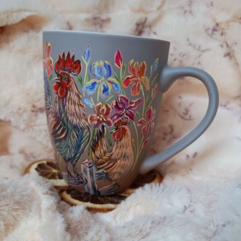 Kubek retro kogucik kurka i irysy ręcznie malowany 300 ml. 