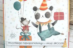 Wesoła kartka urodzinowa z pandą i myszką