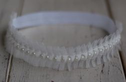 Perełki & tiul w bieli - diadem/opaska niemowlęca