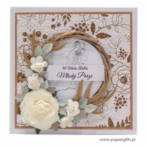 Kartka ślubna wianek z różami - złote kwiaty