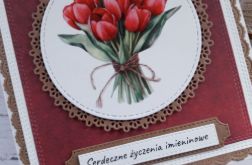 Kartka imieninowa (lub na inną okazję) z bukietem czerwonych tulipanów