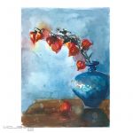 Miechunka w niebieskim wazonie - obrazek malowany