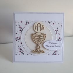 Kartka Pierwsza Komuia Święta biała z kielichem