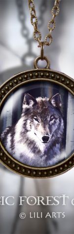 Naszyjnik, medalion - Szary wilk - antyczny brąz - zdobiony