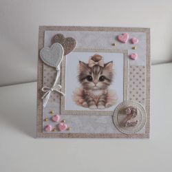 Kartka na urodziny roczek beżowa kotek 