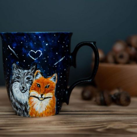 Porcelanowy kubek do kawy z wilkiem i lisem