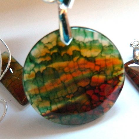 Zielono-pomarańczowy agat pajęczy, wisior i kolczyki, zestaw biżuterii