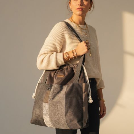 Duża szara torba z kominem z weluru patchwork