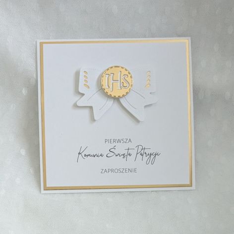 Zaproszenie na I Komunię Świętą biało złote