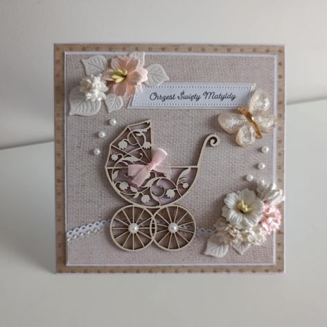 Kartka na Chrzest Święty w pudełeczku Wózeczek