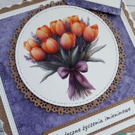 Kartka imieninowa (lub na inną okazję) z bukietem herbacianych tulipanów