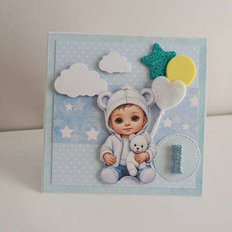 Kartka na urodziny roczek chłopiec z balonami