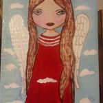 Anioł w czerwonej sukience na desce - obraz - zbliżenie na obraz