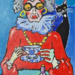 obraz olejny popołudniowa herbatka z kotem