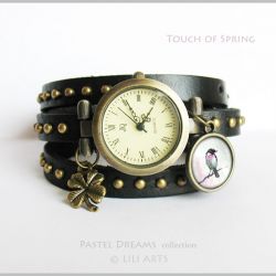 Bransoletka, zegarek - Touch of Spring - czarny, nity, skórzany