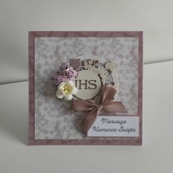 Kartka Komunia Święta liliowe różyczki 