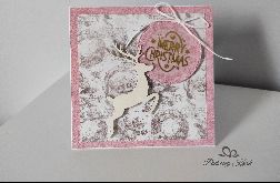 Kartka na Boże Narodzenie różowa z reniferem