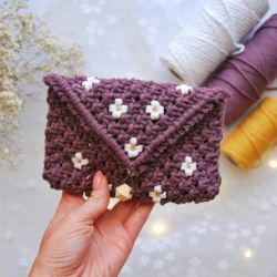 Makramowy portfelik fioletowy - ze sznurka