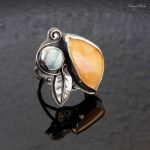 Pierścionek srebrny z bursztynem bałtyckim i larimarem regulowany - Morski pierścionek