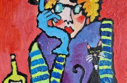 Obraz ręcznie malowany fowizm kot i babcia