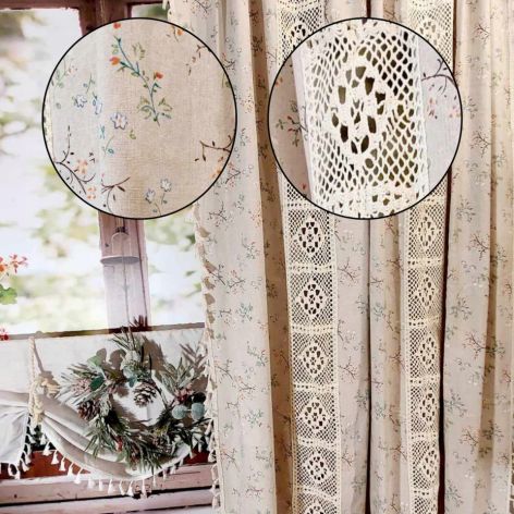 Zasłony gotowe lniane boho z frędzlami koronka dziergana panel 150/240cm