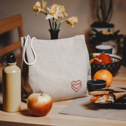 	Torba Lniana Eko Beżowa z Haftem Serce, Zapinana na Rzep z Rączką 