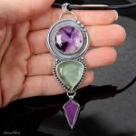 Wisiorek srebrny z ametystami i fluorytem - Długi wisiorek