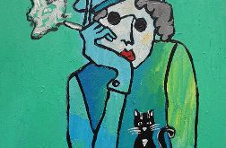 obraz olejny dama z czarnym kotkiem do salonu