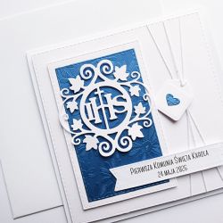 Elegancka kartka na Komunię biało-granatowa