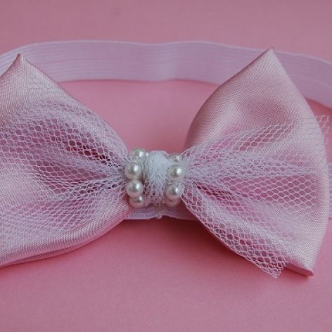 Retro opaska niemowlęca "Kokarda w różu i bieli"