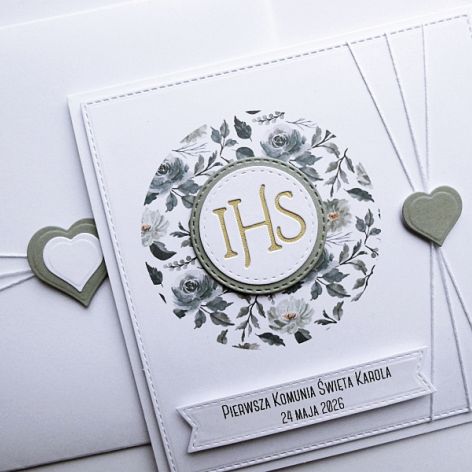 Kartka komunijna ręcznie robiona szare kwiaty