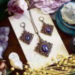 Wiktoriański miedziany zestaw - kolczyki i wisiorek z fioletowym agatem #S6 - 