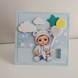 Kartka na urodziny roczek chłopiec z balonami