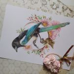 Sroka w kwiatach, ilustracja ręczna kredka A4 - Ilustracja: ptaki. Sroka w kwiatach
