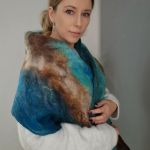 SZALIK WEŁNIANY CIEPŁY ZIMOWY TURKUS Z BRĄZEM - Szal zimowy